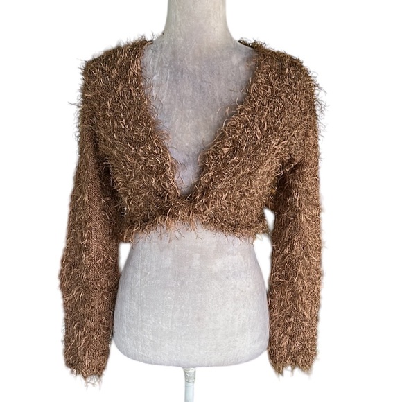 RARE Lianne Barnes Vintage Tan Fuzzy Feathery Tie Front Crop Cardigan Bolero XS - Picture 12 of 12